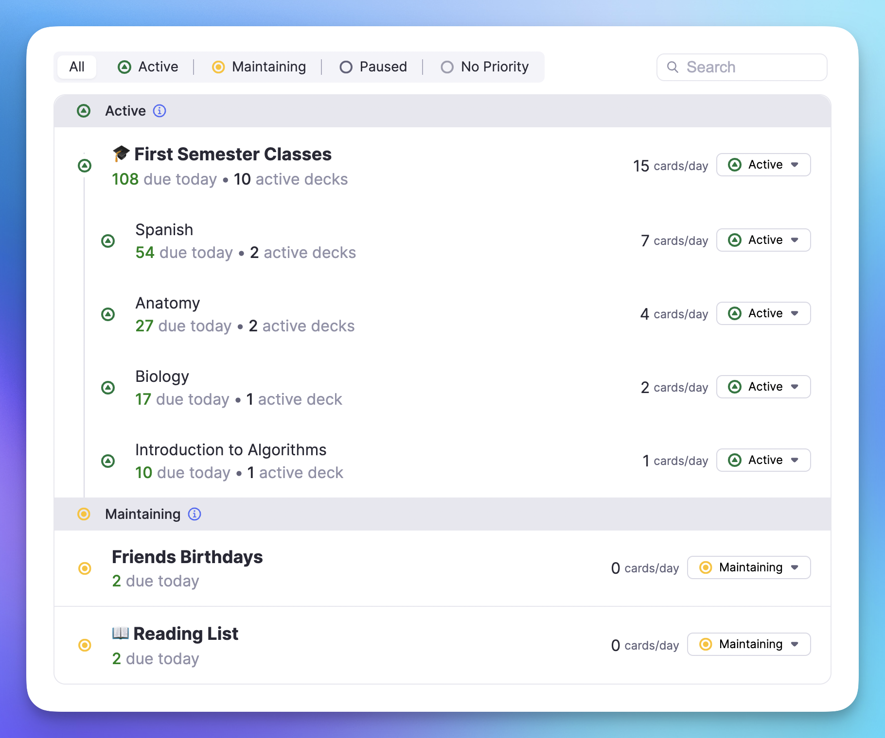 Flashcard dashboard with all progress saved