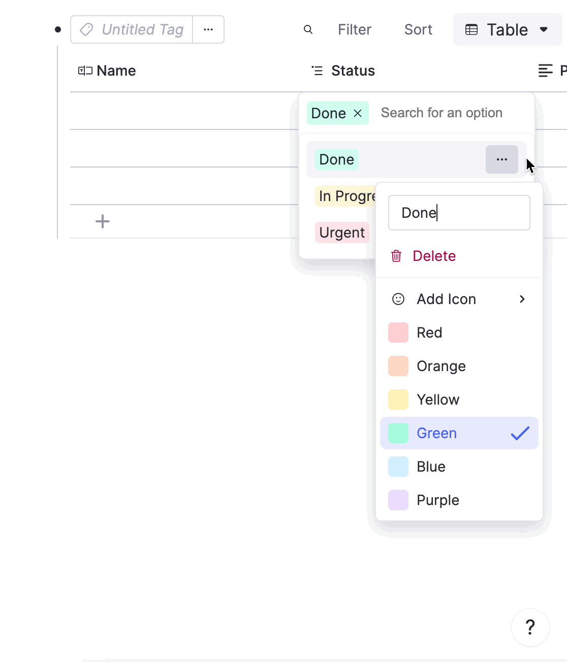 Project status tracking with color-coded tags