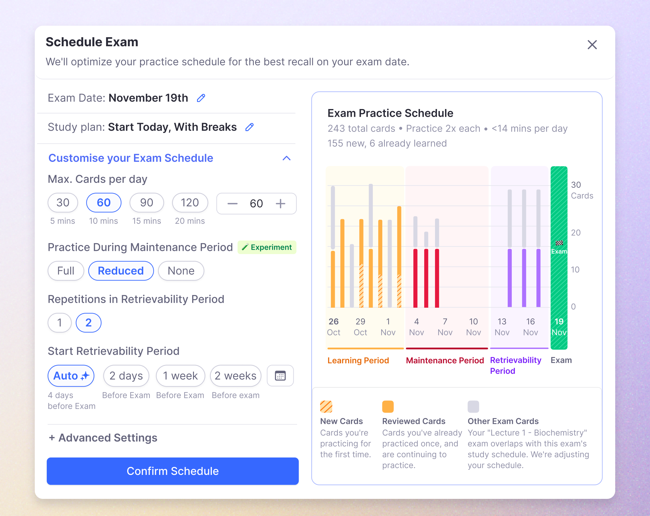 Exam scheduler showing study plan with daily practice targets