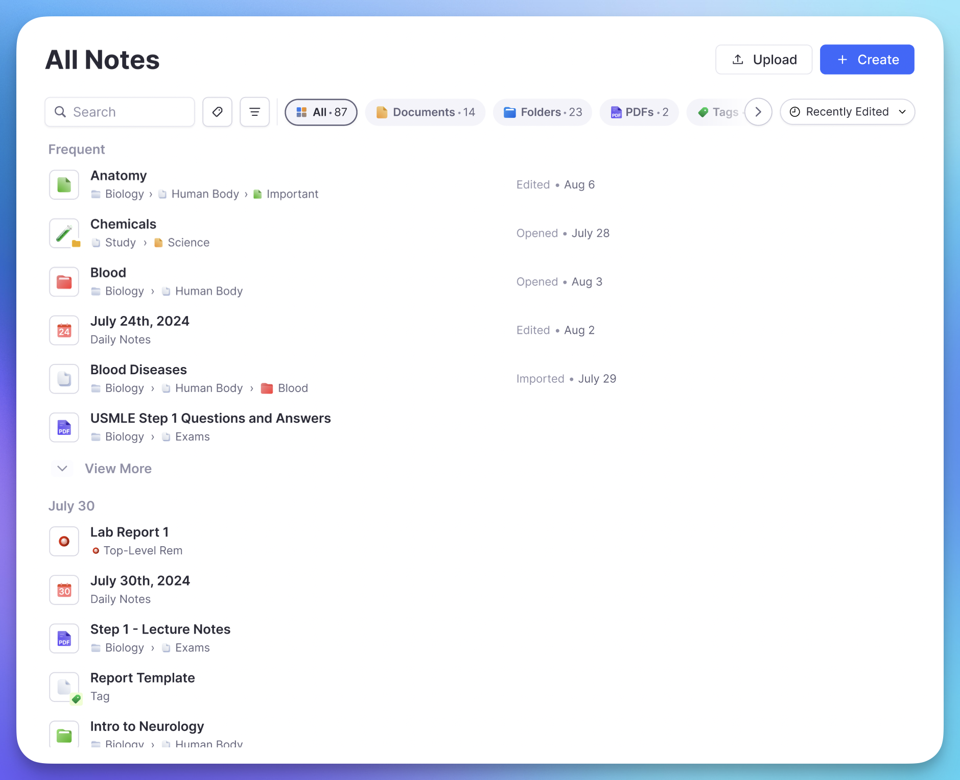 All Notes view showing documents organized by date