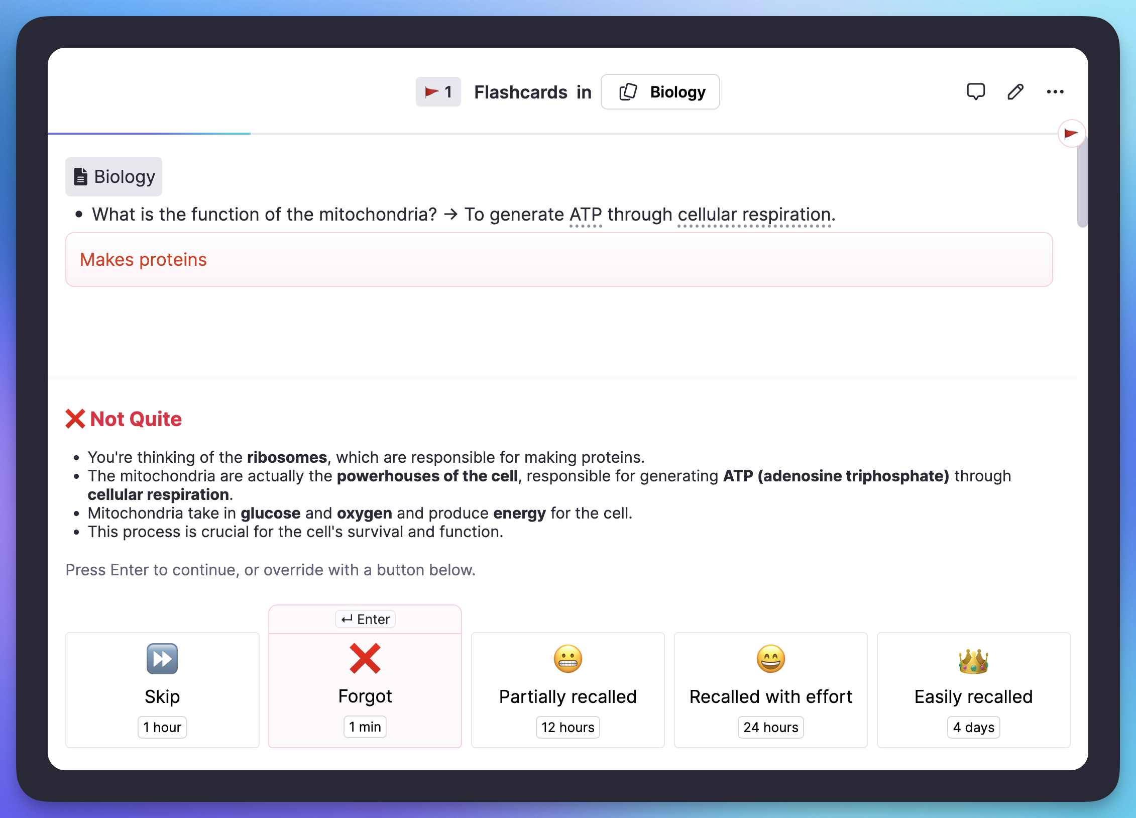 AI grading interface showing typed answer being evaluated with feedback