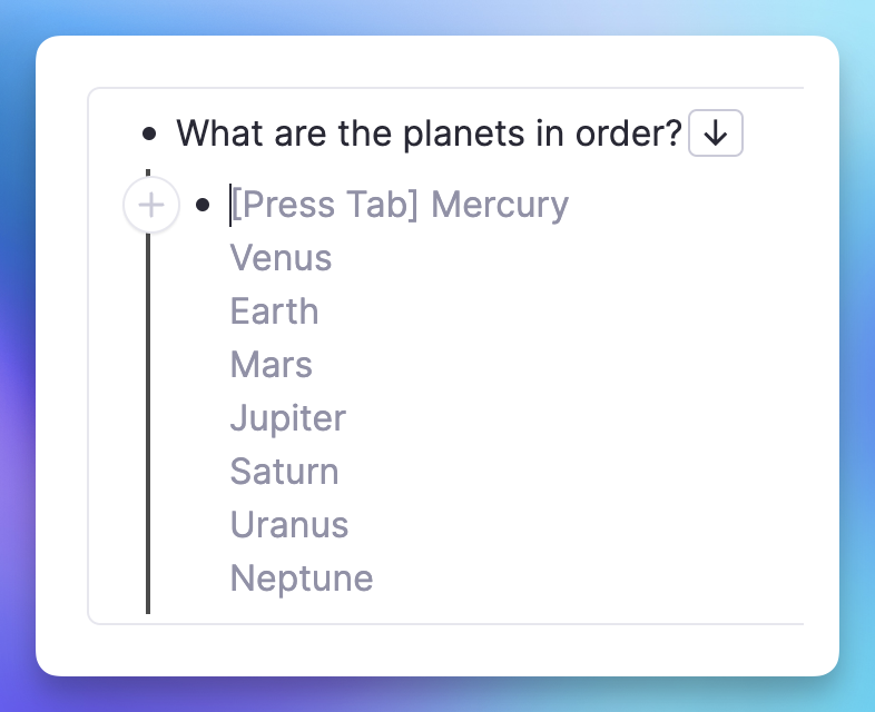 Multi-line flashcard creation showing question with multiple answer items