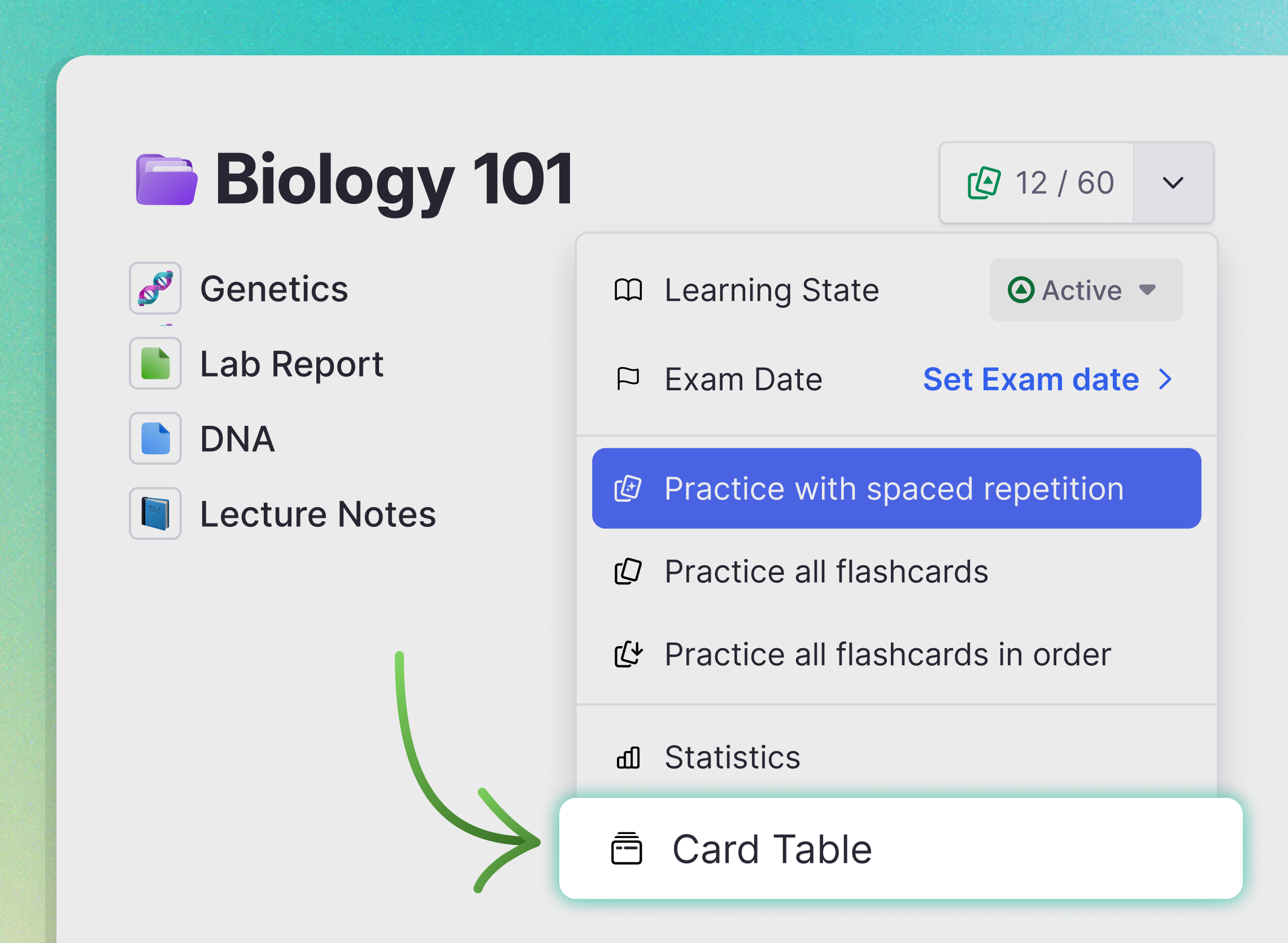 Card Table view with practice options and card statistics