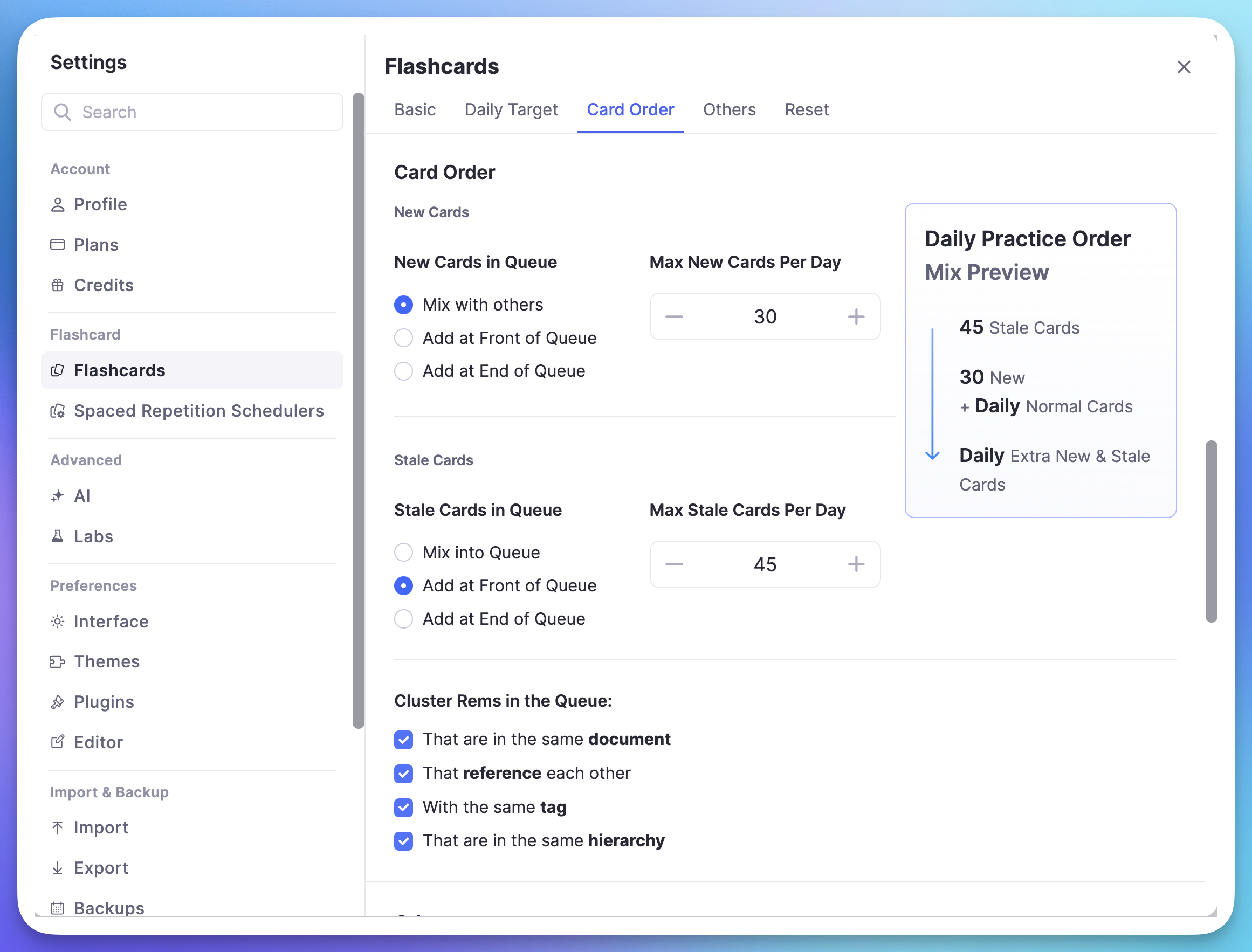FSRS scheduler settings showing algorithm configuration