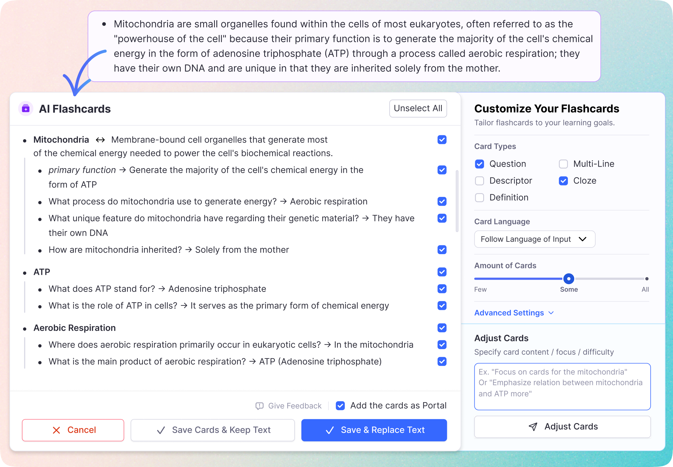 RemNote AI study tool showing notes, flashcards, and AI features