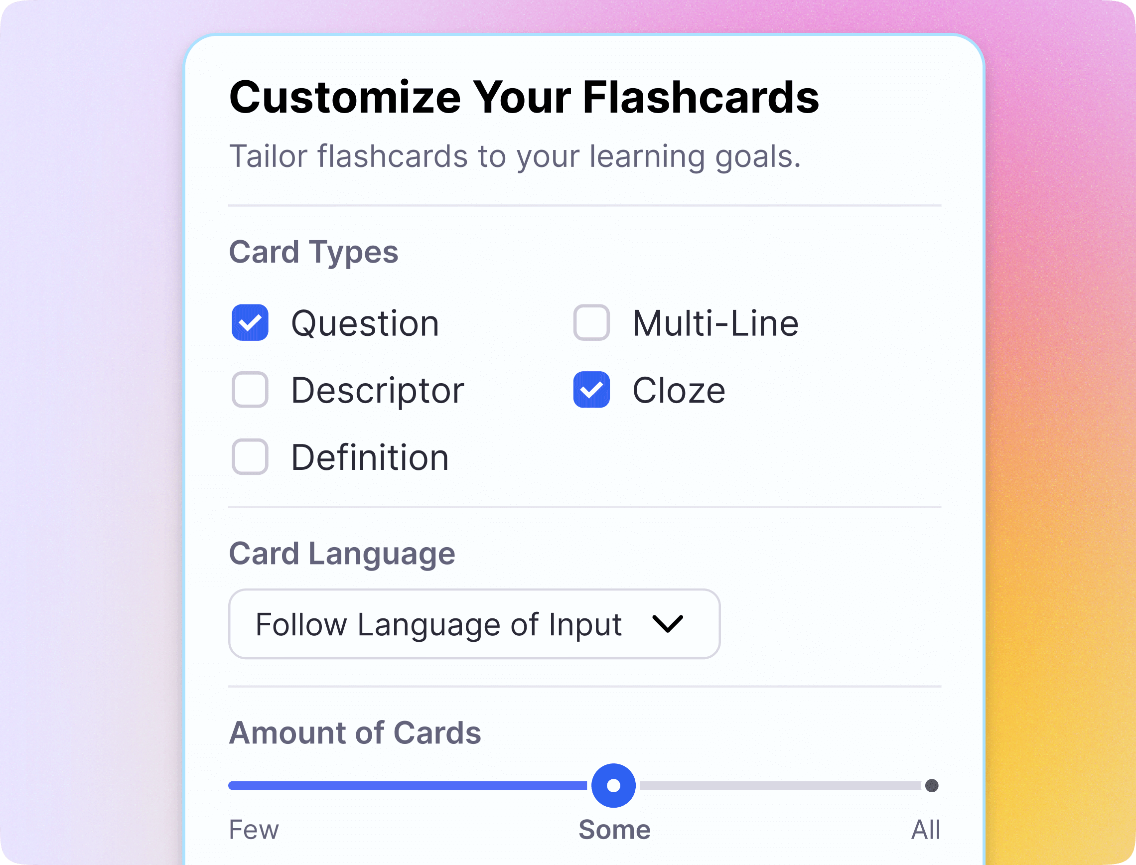 Flashcard generator interface with customization options for card types