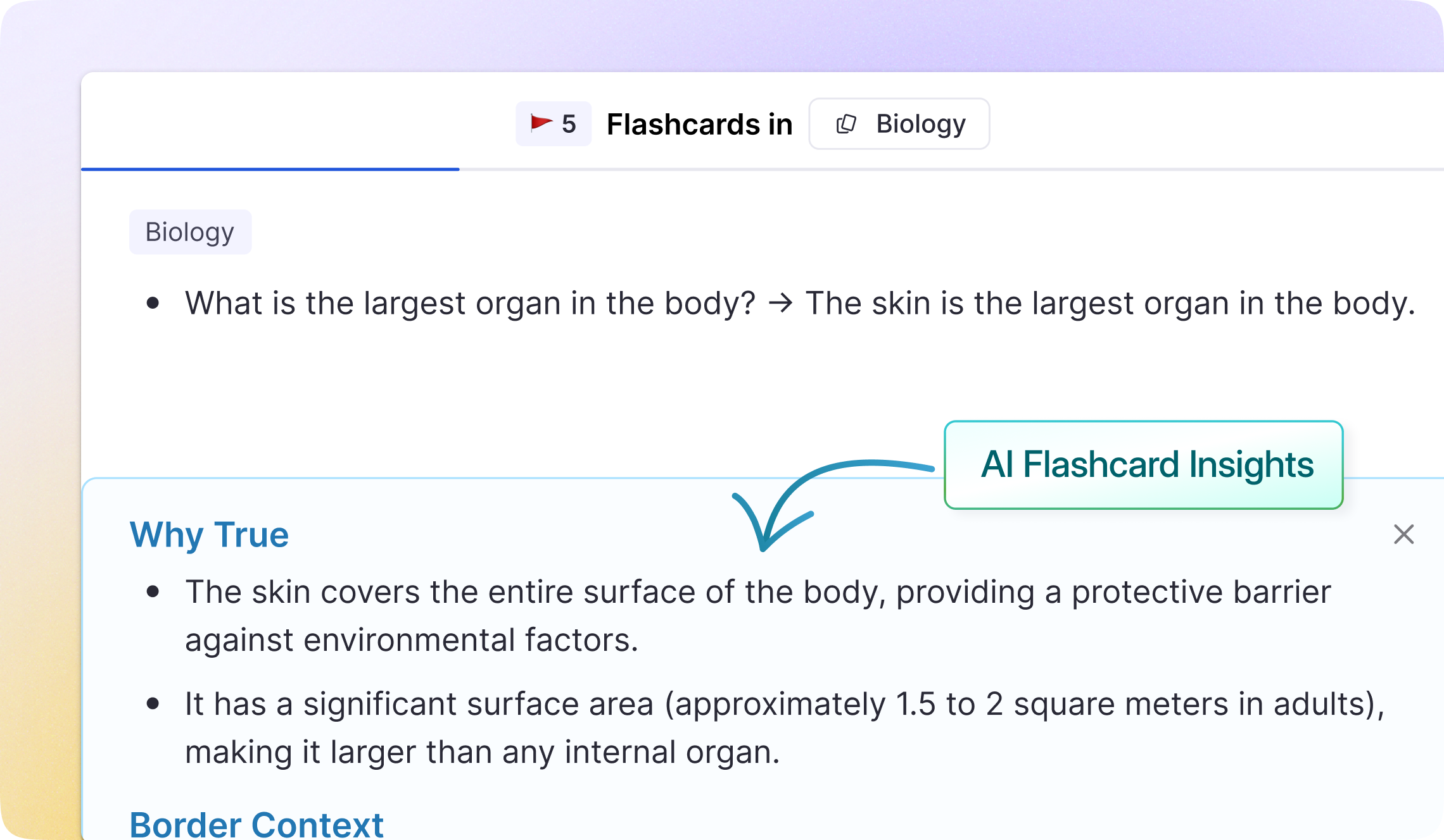 Flashcard with AI-generated insights showing explanations and context