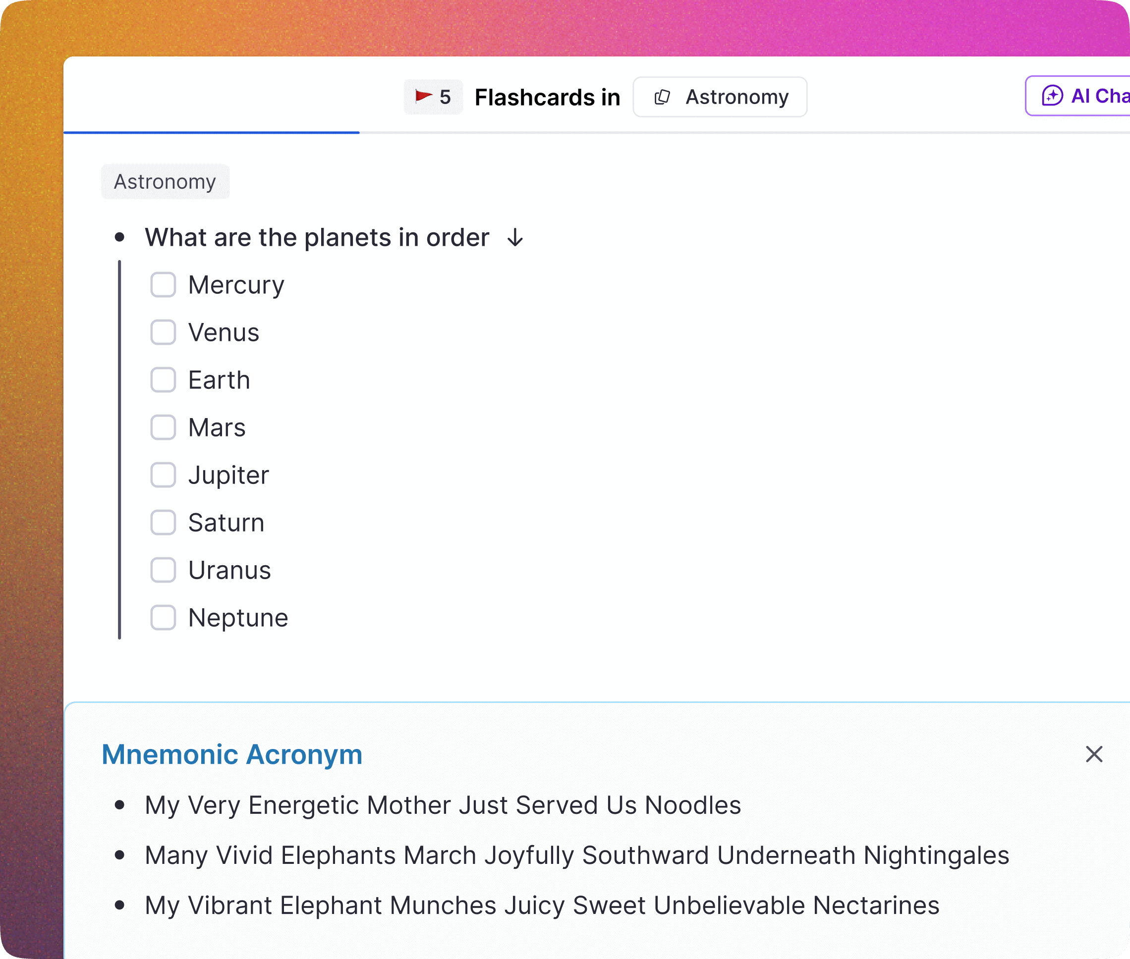 Flashcard showing mnemonic acronym suggestion
