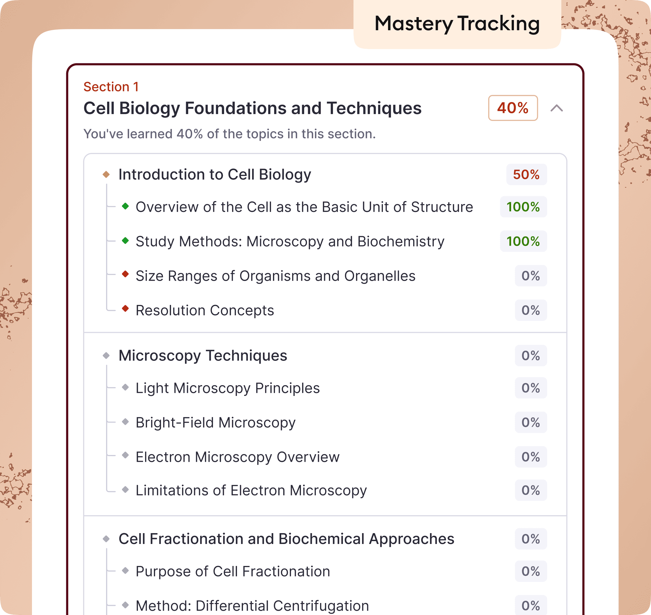Mastery tracker showing per-topic progress percentages for each PDF section
