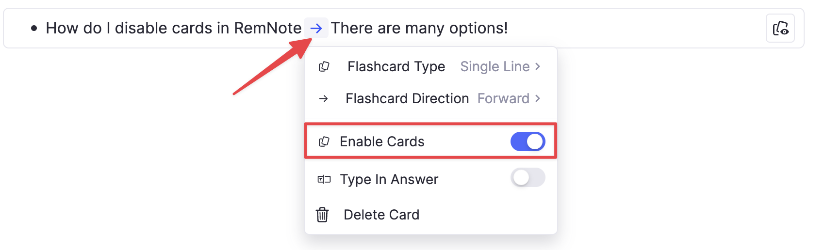 Disabling a flashcard using the Enable Cards checkbox in RemNote