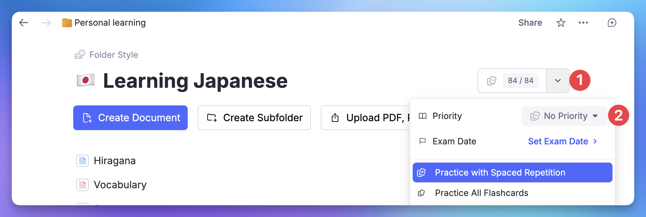 Folder priority menu showing Exam, Active, Maintaining, and Paused options in RemNote
