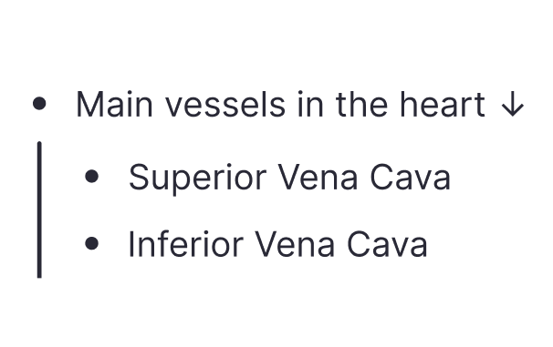 Medical flashcard listing vessels in the heart